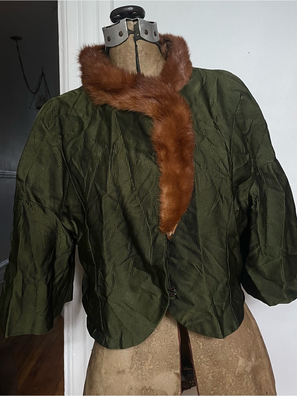 Olive Green Women's Quilted Jacket with Brown Fur Trim